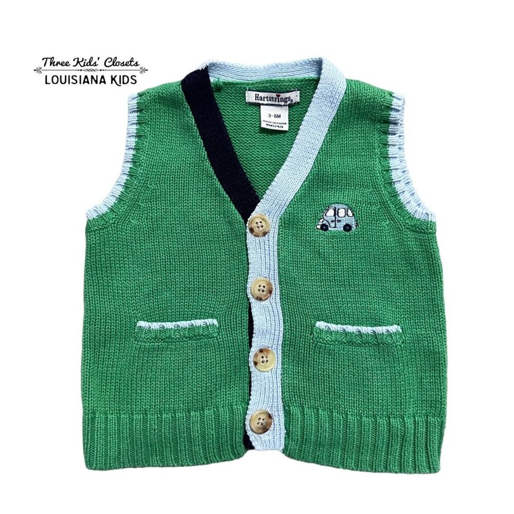 Hartstrings 3-6m Boys Green Embroidered Car Sweater Vest